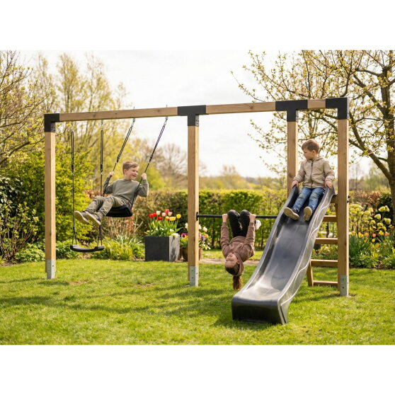 EXIT Linea Robust 110 doppelte Holzschaukel mit Reckstange und Rutsche