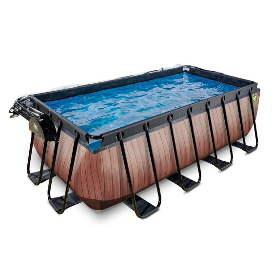EXIT Wood Pool 400x200x122cm mit Sandfilterpumpe und Abdeckung und W&auml;rmepumpe - braun