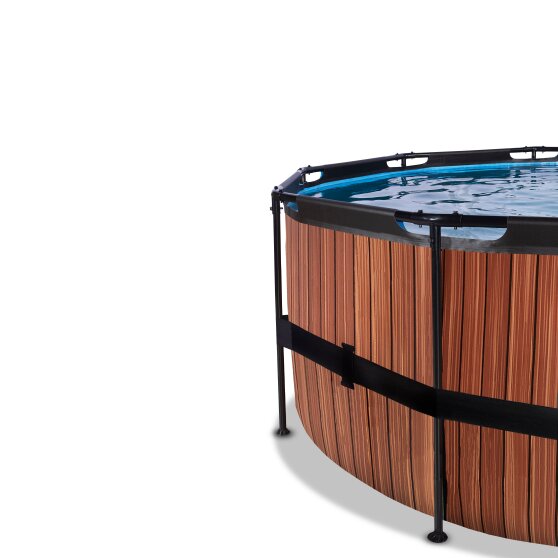 EXIT Wood Pool ø450x122cm mit Sandfilterpumpe und Abdeckung und Wärmepumpe - braun