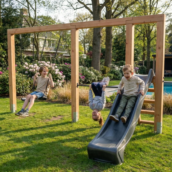 EXIT Linea Massiv 140 doppelte Holzschaukel mit Reckstange und Rutsche