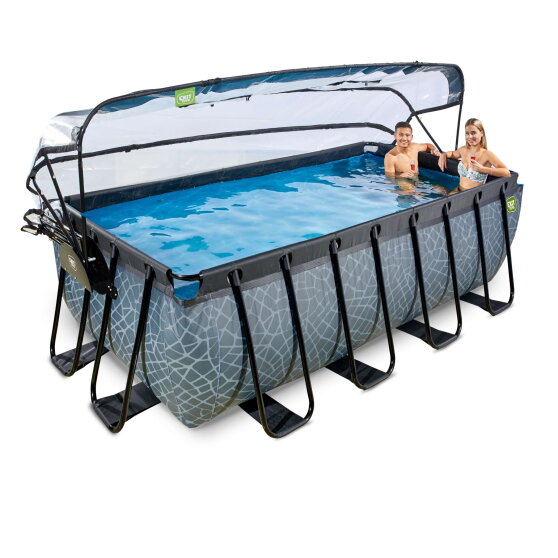 EXIT Stone Pool 400x200x122cm mit Sandfilterpumpe und Abdeckung und W&auml;rmepumpe - grau
