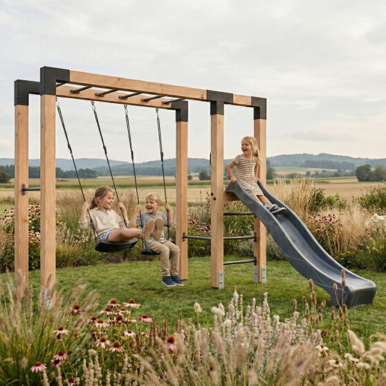 EXIT Linea Robust 110 Holz-Monkeybar mit Doppelschaukel und Rutsche