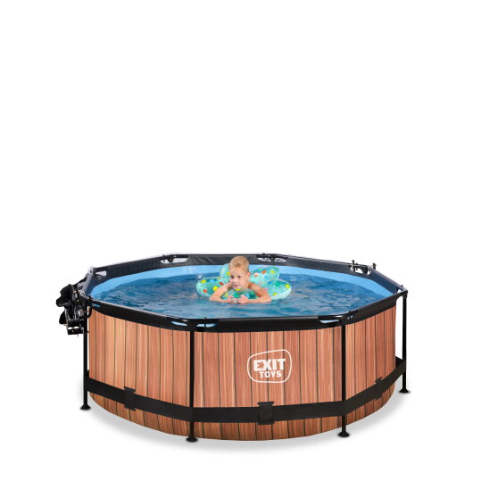EXIT Wood Pool ø244x76cm mit Filterpumpe und Abdeckung und Sonnensegel - braun
