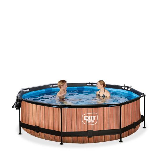 EXIT Wood Pool Ø300x76cm mit Filterpumpe & Abdeckung – Braun