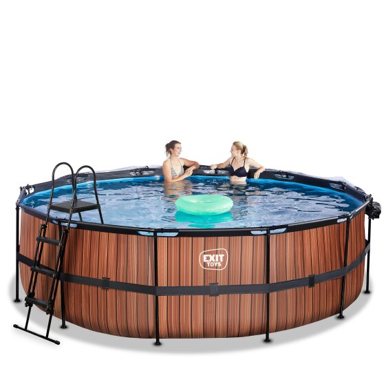 EXIT Wood Pool ø450x122cm mit Sandfilterpumpe und Abdeckung und Wärmepumpe - braun