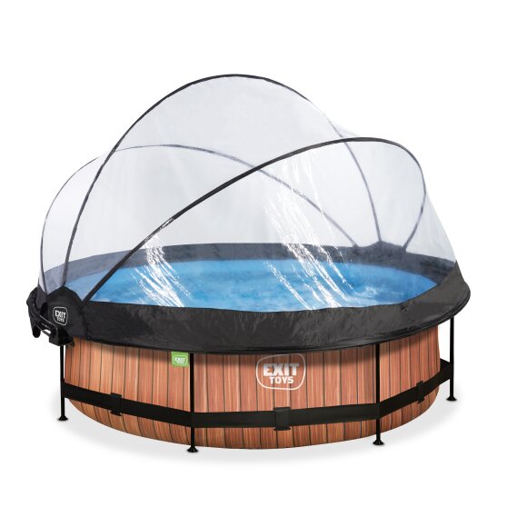EXIT Wood Pool ø300x76cm mit Filterpumpe und Abdeckung und Sonnensegel - braun