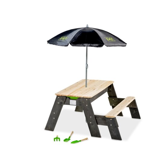 EXIT Aksent Sand,- Wasser- und Picknicktisch (1 Bank) mit Sonnenschirm und Gartenwerkzeugen