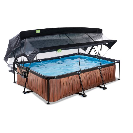 EXIT Wood Pool 300x200x65cm mit Filterpumpe und Abdeckung und Sonnensegel - braun