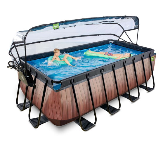 EXIT Wood Pool 400x200x122cm mit Sandfilterpumpe und Abdeckung und W&auml;rmepumpe - braun