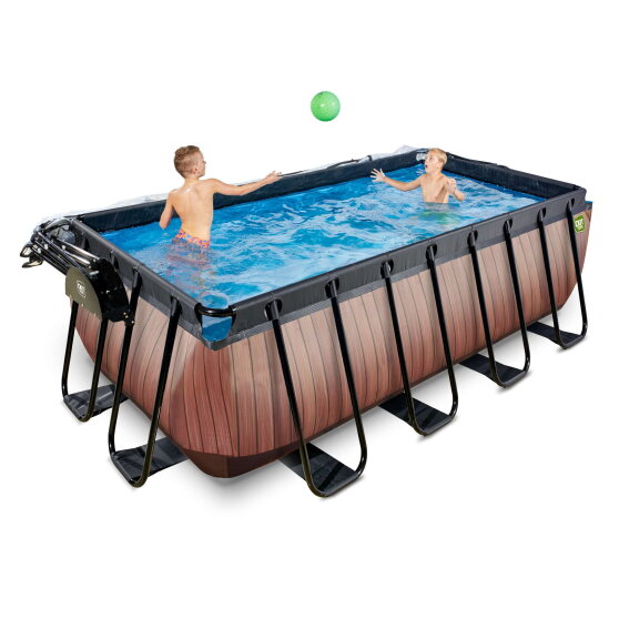 EXIT Wood Pool 400x200x122cm mit Sandfilterpumpe und Abdeckung und W&auml;rmepumpe - braun