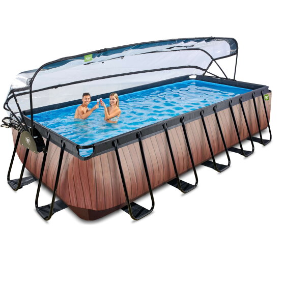 EXIT Wood Pool 540x250x122cm mit Sandfilterpumpe und Abdeckung und Wärmepumpe - braun
