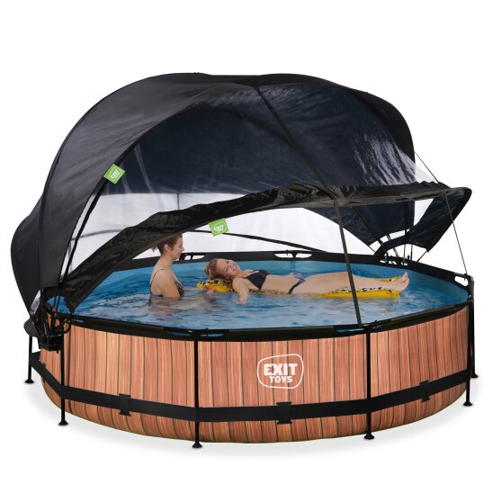 EXIT Wood Pool ø360x76cm mit Filterpumpe und Abdeckung und Sonnensegel - braun