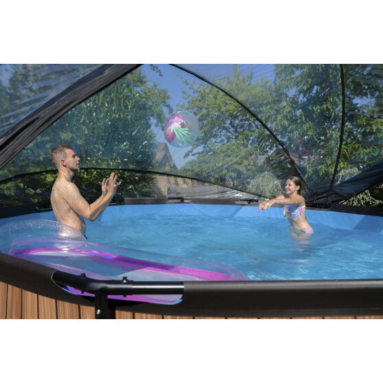 EXIT Wood Pool ø450x122cm mit Sandfilterpumpe und Abdeckung und Wärmepumpe - braun