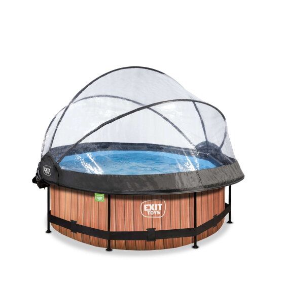 EXIT Wood Pool ø244x76cm mit Filterpumpe und Abdeckung und Sonnensegel - braun