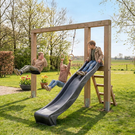 EXIT Linea Massiv 140 Holzschaukel mit Rutsche und Turnringen