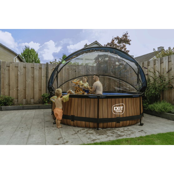 EXIT Wood Pool Ø300x76cm mit Filterpumpe & Abdeckung – Braun