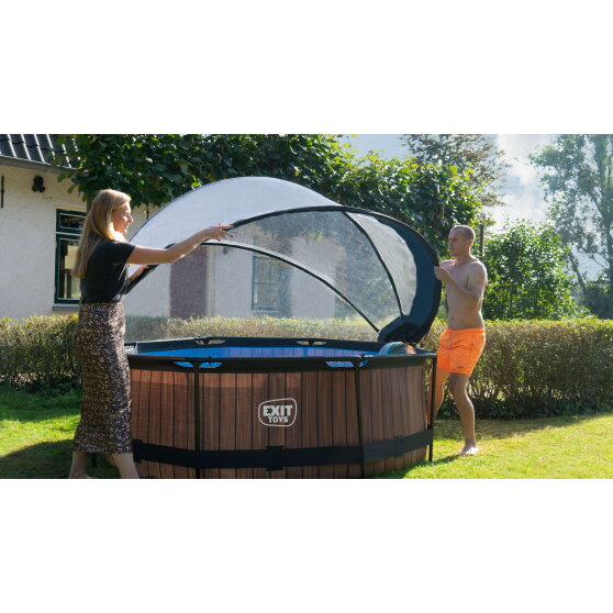 EXIT Wood Pool &oslash;244x76cm mit Filterpumpe und Abdeckung - braun