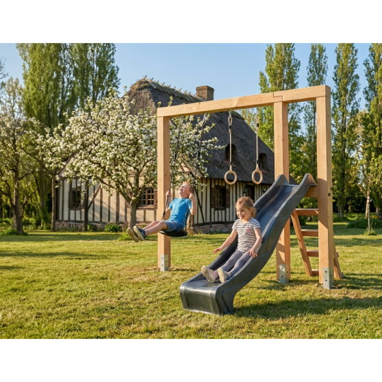 EXIT Linea Massiv 140 Holzschaukel mit Rutsche und Turnringen