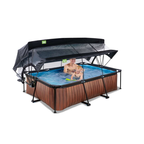 EXIT Wood Pool 220x150x65cm mit Filterpumpe und Abdeckung und Sonnensegel - braun