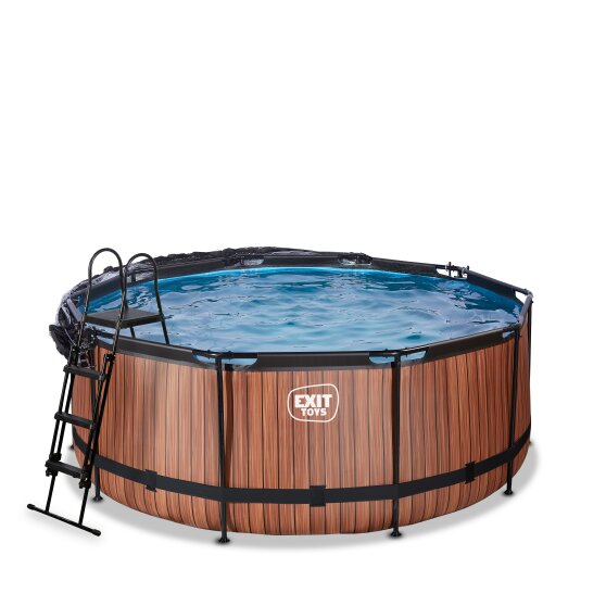 EXIT Wood Pool ø360x122cm mit Sandfilterpumpe und Abdeckung und Wärmepumpe - braun