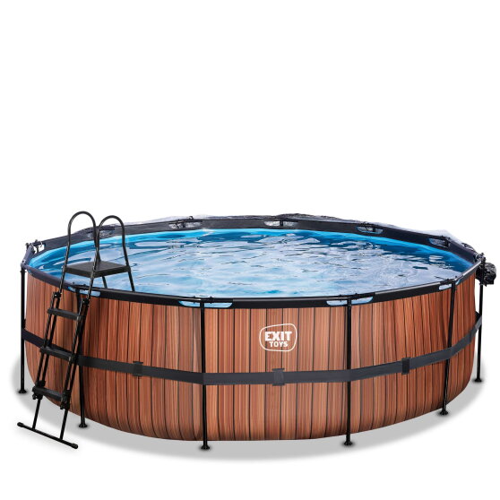 EXIT Wood Pool &oslash;450x122cm mit Sandfilterpumpe und Abdeckung - braun