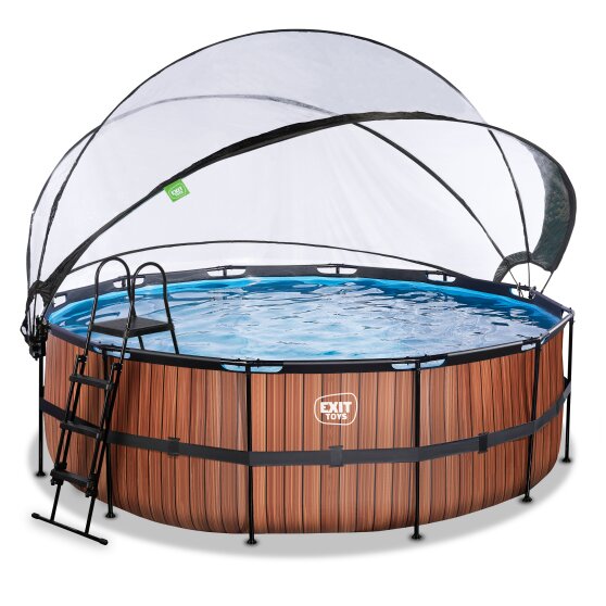 EXIT Wood Pool ø427x122cm mit Sandfilterpumpe und Abdeckung und Wärmepumpe - braun