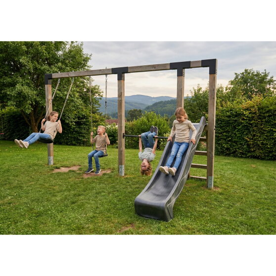 EXIT Linea Robust 110 doppelte Holzschaukel mit Reckstange und Rutsche