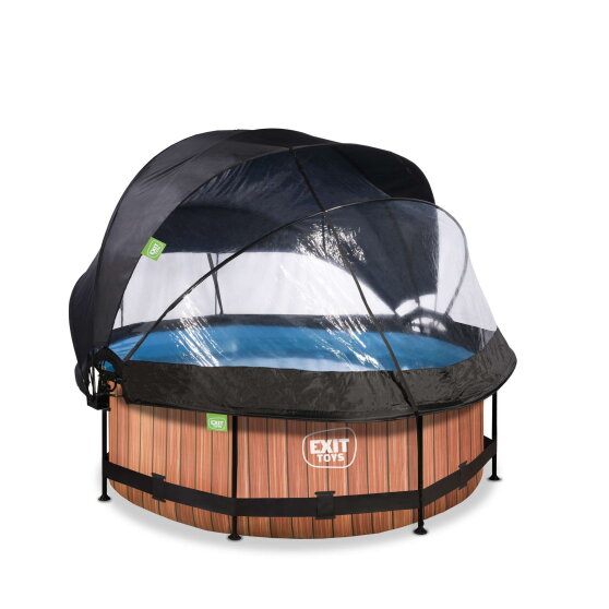 EXIT Wood Pool ø244x76cm mit Filterpumpe und Abdeckung und Sonnensegel - braun