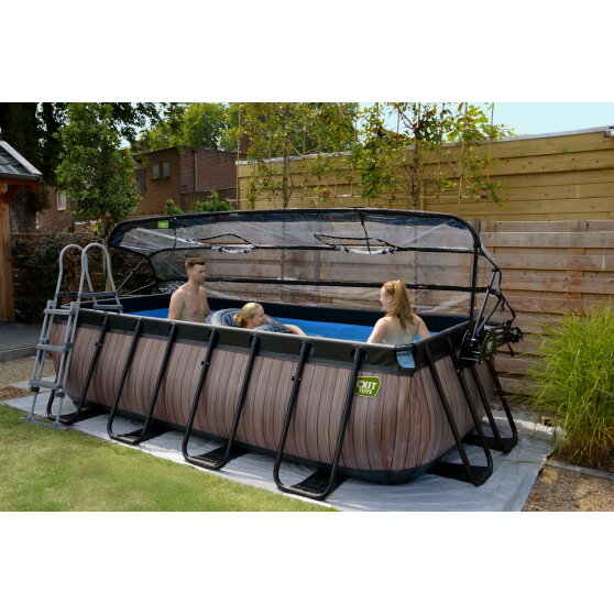 EXIT Wood Pool 400x200x100cm mit Sandfilterpumpe und Abdeckung und W&auml;rmepumpe - braun