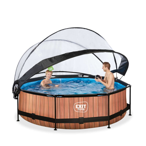 EXIT Wood Pool Ø300x76cm mit Filterpumpe & Abdeckung – Braun