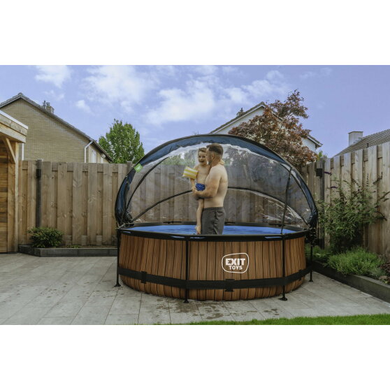 EXIT Wood Pool Ø300x76cm mit Filterpumpe & Abdeckung – Braun
