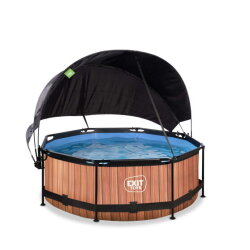 EXIT Wood Pool &oslash;244x76cm mit Filterpump und Sonnensegel - braun